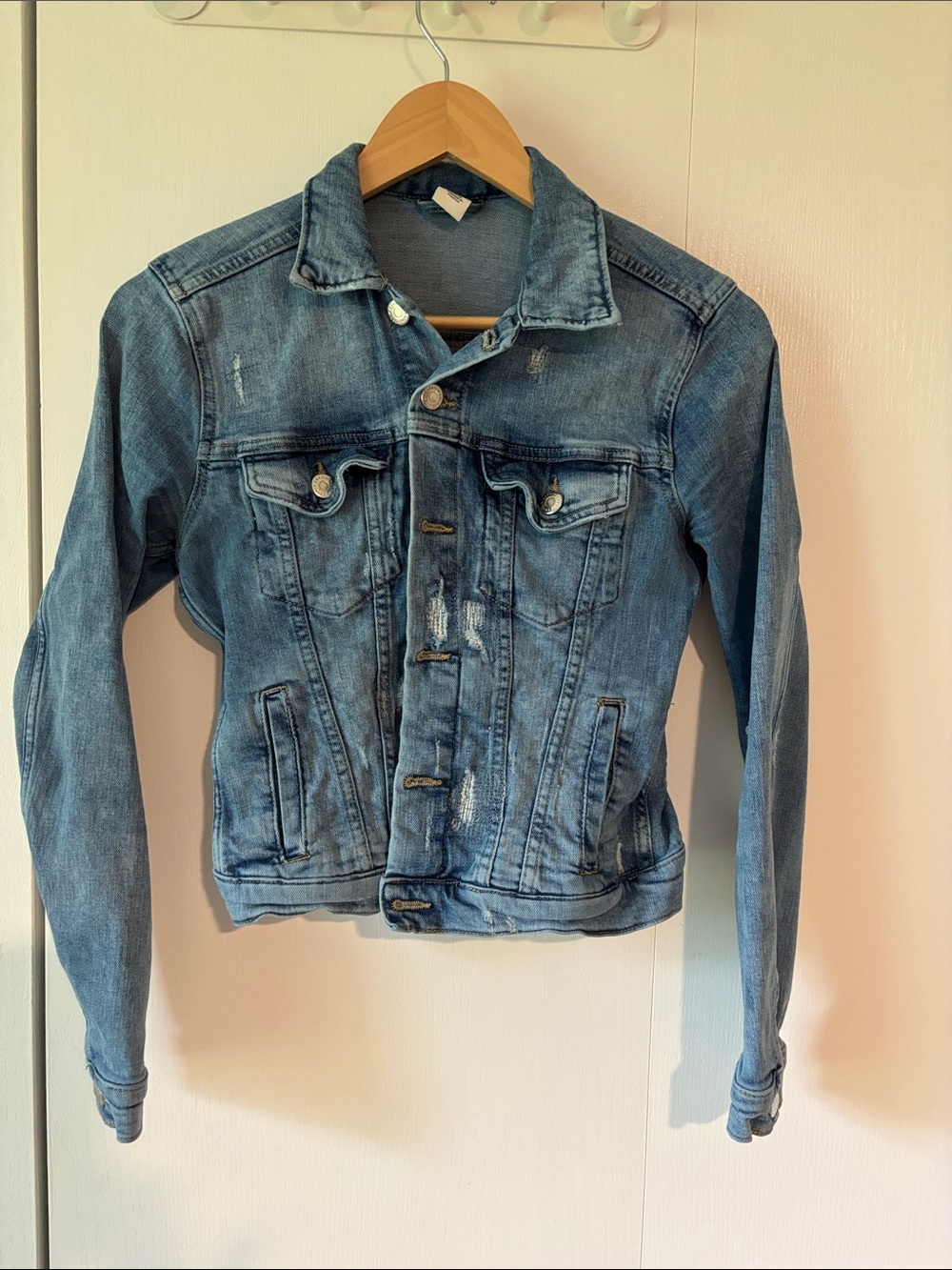 Cropped Light Blue Distressed Denim Jacket